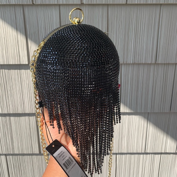 UNIQUE Black Rhinestone Fringe Ball Clutch Bag - Picture 3 of 13